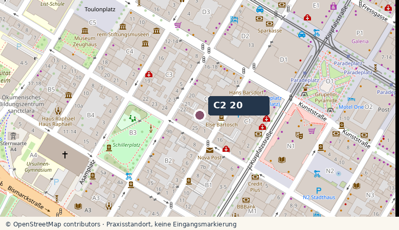 Übersichtskarte zum Praxisstandort C2 20 in den Mannheimer Quadraten
